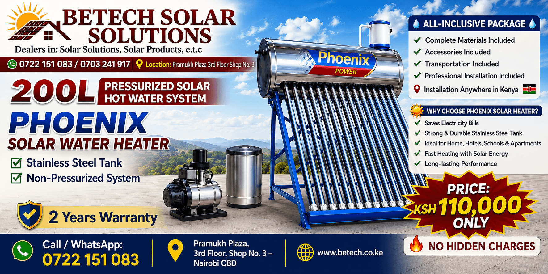200L Pressurized Solar Hot Water System - Phoenix Solar Water Heater