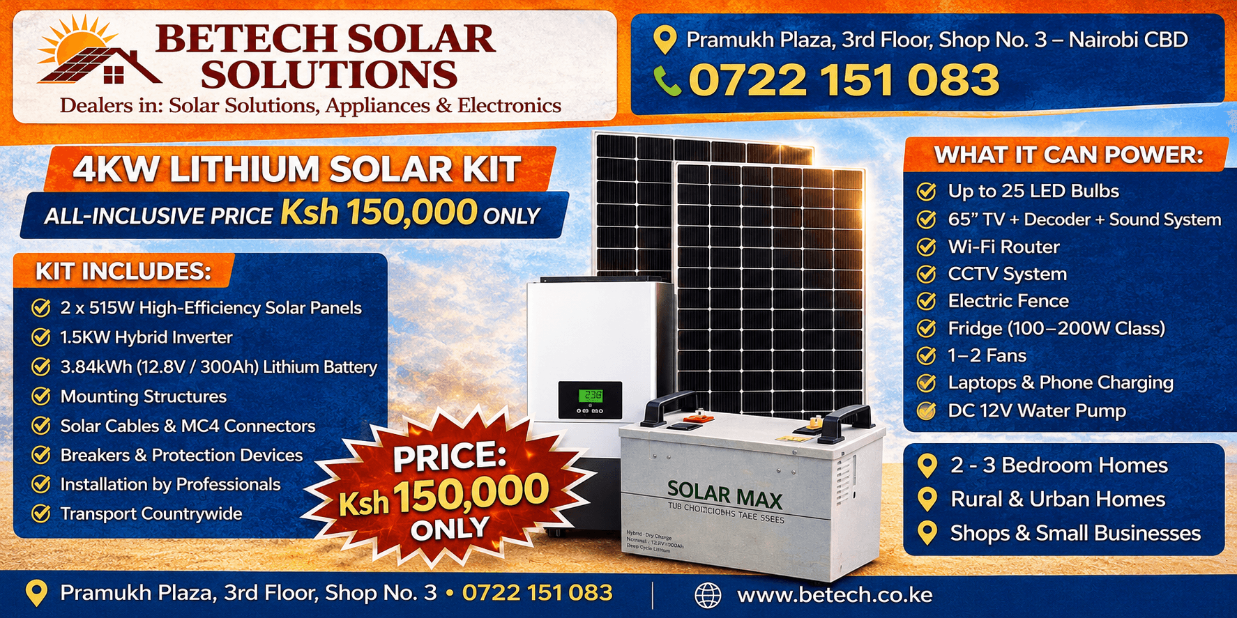 4KW Lithium Solar Kit – 1.5KW Hybrid Inverter + 3.84KWh Lithium Battery + 2×515W Solar Panels (Fully Installed)