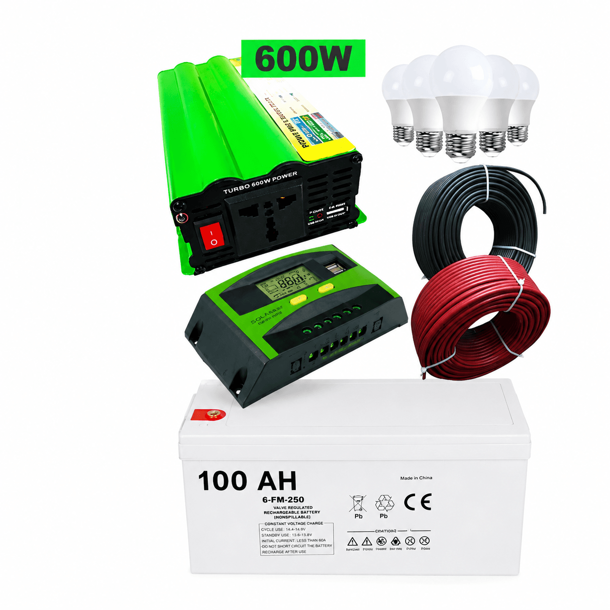 100Ah battery, 600W inverter, 20A controller, 5 DC bulbs, 10m cable